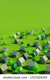 Miniature Wooden Single Family Houses And Trees In Green Enviroment. 3D Illustration