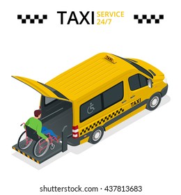Minibus for physically disabled people. Taxi or car for man on wheelchair. Vehicle with a lift.  Flat 3d isometric illustration