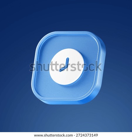Minimal 3D clock icon on a blue rounded square button, symbolizing time, schedule, reminders, deadlines, alarms, and time tracking in modern mobile and web UI design.