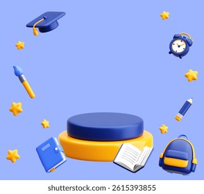Minimal 3D educational background with floating school supplies, books, clock, backpack and podium, perfect for banners or presentations.