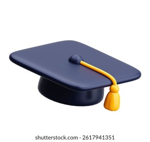 Minimal 3D graduation cap icon in dark blue and gold. Perfect for academic success, school events, and education achievement designs.