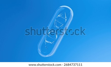 Minimal 3D image of a transparent capsule with visible DNA inside, floating against a soft blue background. It conveys purity, science, and modern medicine.