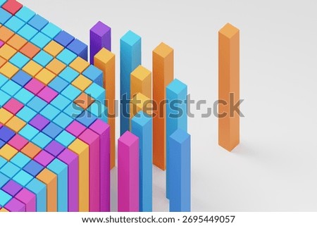 Minimal 3D render featuring colorful geometric cubes and tall rectangular bars arranged like a data chart. Concept for business growth, analytics, performance metrics, and digital visualization.