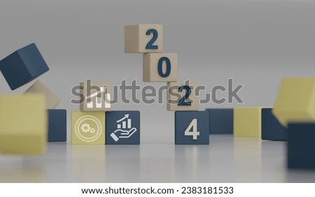 Minimal 3d render multicolor cube block on blue background concept online business growth Delivery of goods Service and after-sales service reminders sale volume increase and trend in 2024.