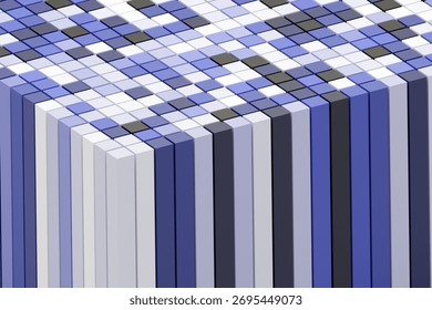 Minimal 3D render of stacked cubes in blue, white, and black tones. Abstract geometric block structure symbolizing technology, architecture, and data organization with a clean modern aesthetic.