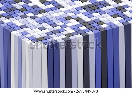 Minimal 3D render of stacked cubes in blue, white, and black tones. Abstract geometric block structure symbolizing technology, architecture, and data organization with a clean modern aesthetic.