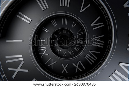Minimal 3D spiral clock background in matte black. Stylish and mysterious, it represents time, space, and infinite loops with a sleek dark tone. 3D render