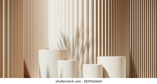 Minimal abstract background for branding and product presentation. Sunshade shadow on beige corrugated panel background. 3d rendering illustration. Clipping path of each element included.