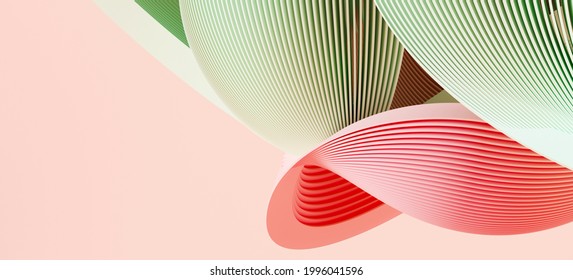 Minimal abstract background for branding and product presentation. Green and pink subtle geometric on pink background. 3d rendering illustration. Clipping path of each element included.