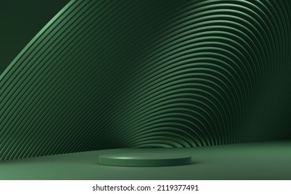 Minimal abstract background for branding and product presentation. Green podium, abstract subtle circular geometric pattern on green background. Empty showcase, pedestal platform display. 3d render