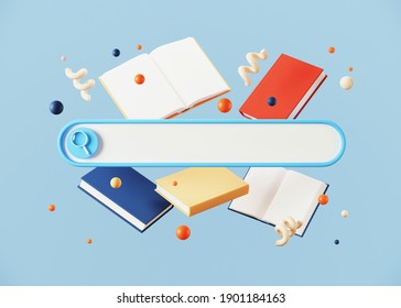 Minimal Abstract Background For Online Learning And Education Concept. Blank Web Search Bar And Book On Blue Background. 3d Rendering Illustration. Clipping Path Of Each Element Included.