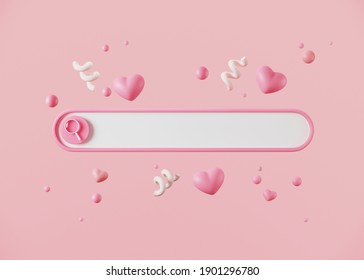 Minimal abstract background for online love and wedding concept. Blank web search bar and pink heart on pink background. 3d rendering illustration. Clipping path of each element included.