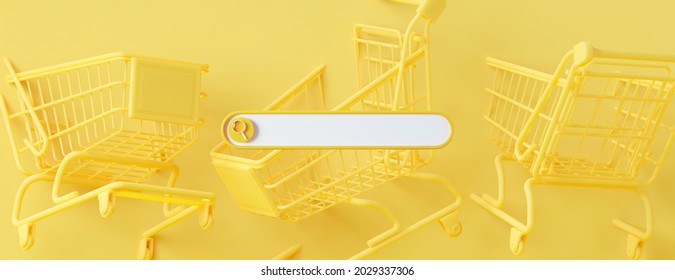 Minimal abstract background for online shopping concept. Blank web search bar and shopping cart on yellow background. 3d rendering illustration. Clipping path of each element included.