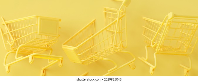 Minimal abstract background for online shopping concept. Shopping cart on yellow background. 3d rendering illustration. Clipping path of each element included.