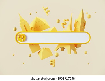 Minimal abstract background for online and travel concept. Blank search bar with travel destination symbol on yellow background. 3d rendering illustration. Clipping path of each element included.