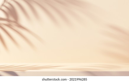 Minimal Abstract Background For Product Presentation. Leaf Shadow On Yellow Plaster Wall. 3d Render. Spring And Summer.