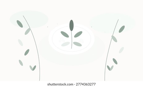 Minimal abstract botanical composition featuring green leaves arranged around a soft oval focal area. The design emphasizes balance, simplicity and natural elegance with clean spacing and muted tones. Ideal for invitations, branding, packaging, stationery and digital content. The calm aesthetic makes it suitable for wellness, eco and lifestyle brands. The layout provides a strong visual center while maintaining flexibility for various design applications.