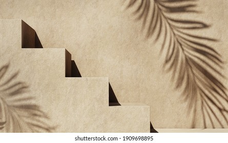 Minimal abstract concrete texture background for cosmetic product presentation. Premium podium with tropical palm leaf shadow on beige natural stone wall. Realistic 3d rendering