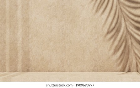 Fondo mínimo de textura abstracta de hormigón para la presentación de productos cosméticos  Podio de primera calidad con sombra tropical de hojas de palma en la pared de piedra natural beige  Representación 3d realista