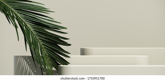 Minimal abstract cosmetic background for product presentation. Cosmetic bottle podium and green palm leaf on grey color background. 3d render illustration. Object isolate clipping path included.