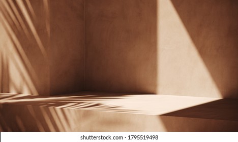 Minimal abstract cosmetic background for product presentation. Sunshade shadow on beige plaster wall. 3d render illustration. Object isolate clipping path included.