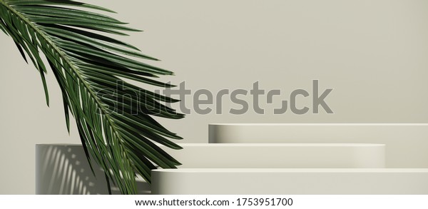 Minimal abstract cosmetic background for\
product presentation. Cosmetic bottle podium and green palm leaf on\
grey color background. 3d render illustration. Object isolate\
clipping path\
included.