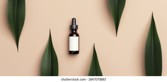 Minimal abstract mockup background for product presentation. Cosmetic bottle and green leaves on beige background. 3d rendering illustration. Clipping path of each element included.