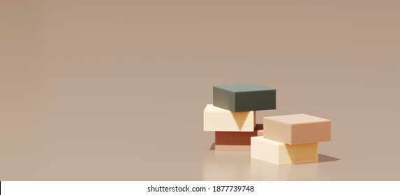 Minimal abstract mockup background for product presentation. Green and beige step podium on tan background. 3d rendering illustration. Clipping path of each element included.