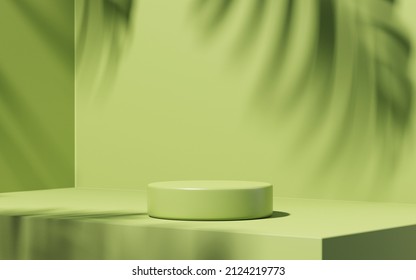 Minimal Abstract Podium Green Background For Product Presentation. Tropical Leaf Shadow On Plaster Wall. 3d Render. Spring And Summer.