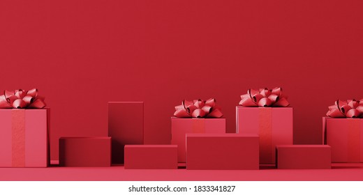 Minimal abstract product background for Christmas, New year and sale event concept. Red gift box with red ribbon bow on red background. 3d render illustration. Clipping path of each element included.