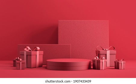 Minimal Abstract Product Background For Valentine And Christmas, Podium With Red Gift Box On Red Background. 3d Render. Stage For Product Design.