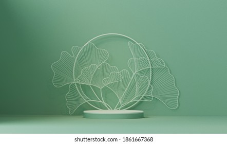 Minimal abstract scene with geometric shapes. Podium on white and green background with leaves. product presentation, mockup, cosmetic product presentation, Podium, scenography or platform. 3d render