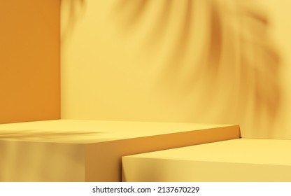 Minimaler abstrakter gelber Hintergrund für die Produktpräsentation. Tropischer Blattschatten auf der Pflasterwand. 3D-Rendering. Frühling und Sommer.