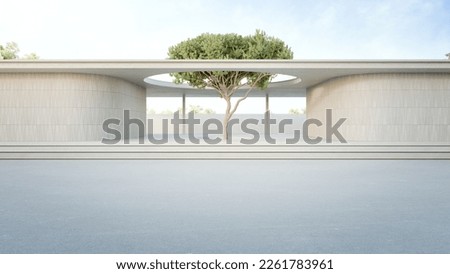 Minimal architecture design 3D rendering of modern building. Empty floor for car park and concrete wall background.