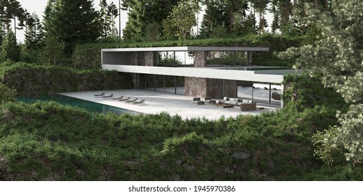 Minimal Architecture Design. House Terrace And Swimming Pool With Sun Lounger. Nature Landscape And Forest With Trees Panoramic View. 3d Render Illustration Exterior With Floor Concrete, Large Window.