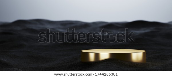 Minimal background for beauty and\
technology product presentation. Gold podium with black sand on\
white background. 3d rendering\
illustration.