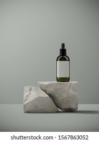 Minimal background for branding and packaging presentation. Cosmetic bottle on random shape sand stone, on sage green background. 3d rendering illustration.