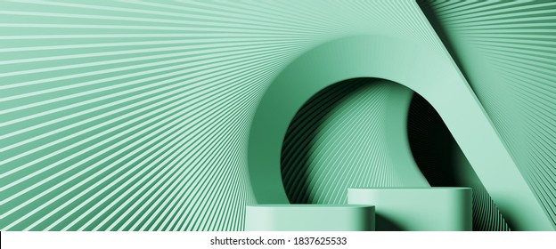 Minimal background for branding and product presentation. Green podium with subtle circular geometric pattern. 3d rendering illustration. Clipping path of each element included.