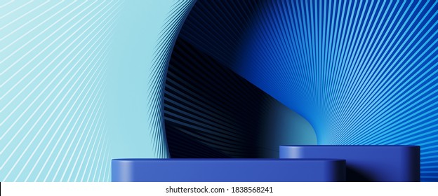 Minimal Background For Branding And Product Presentation. Blue Podium With Subtle Circular Geometric Pattern. 3d Rendering Illustration. Clipping Path Of Each Element Included.