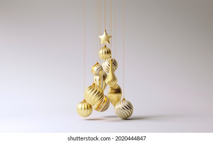 Minimal background for Christmas online shopping concept. Christmas tree made of golden hanging ball bauble on grey background. 3d render illustration. Clipping path of each element included. - Powered by Shutterstock