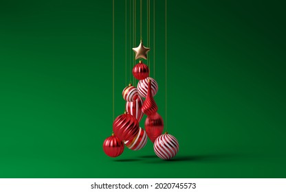 Minimal background for Christmas online shopping concept. Christmas tree made of red hanging ball bauble on green background. 3d render illustration. Clipping path of each element included. - Powered by Shutterstock