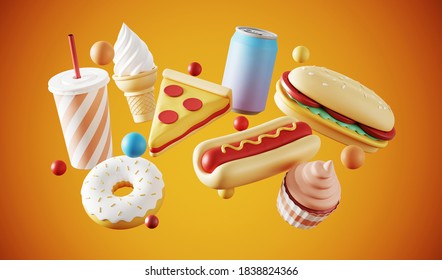 Minimal Background For Fast Food Concept. Food And Beverage On Orange Background. 3d Rendering Illustration. Clipping Path Of Each Element Included.