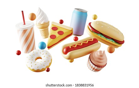 Minimal background for fast food concept. Food and beverage on white background. 3d rendering illustration. Clipping path of each element included.