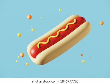 Minimal background for fast food concept. Hot dog cartoon style on blue background. 3d rendering illustration. Clipping path of each element included.
