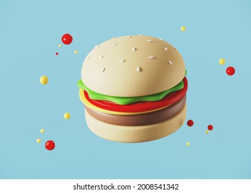 Minimal background for fast food concept. Hamburger cartoon style on blue background. 3d rendering illustration. Clipping path of each element included. - Powered by Shutterstock