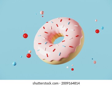 Minimal background for fast food concept. Doughnut cartoon style on blue background. 3d rendering illustration. Clipping path of each element included. - Powered by Shutterstock