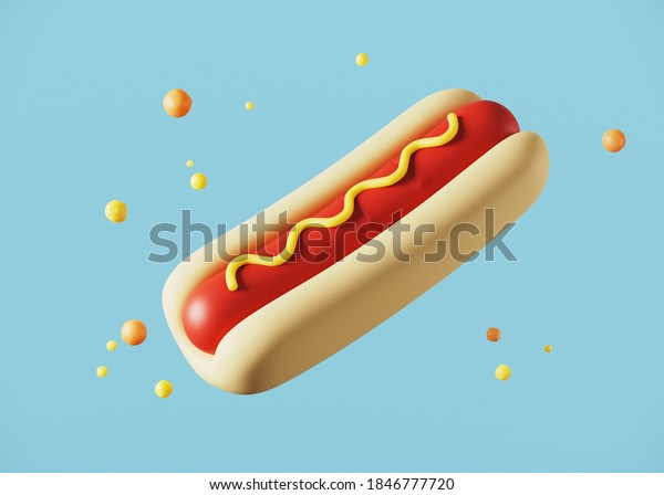 Minimal background for fast food concept. Hot dog cartoon style on blue background. 3d rendering illustration. Clipping path of each element included.