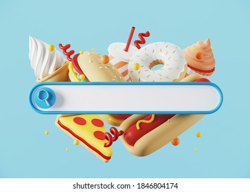 Minimal Background For Fast Food And Delivery Concept. Blank Search Bar With Food And Beverage On Blue Background. 3d Rendering Illustration. Clipping Path Of Each Element Included.