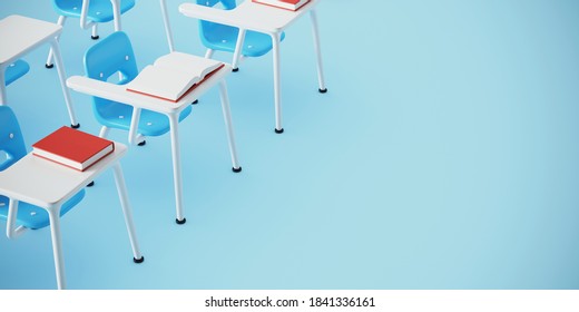 Minimal Background For Learning And Education Concept. Lecture School Chair On Blue Background. 3d Rendering Illustration. Clipping Path Of Each Element Included.