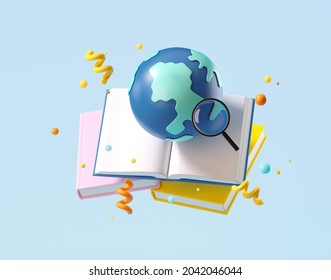 Minimal background for online education concept. Open book with globe on blue background. 3d rendering illustration. Clipping path of each element included.